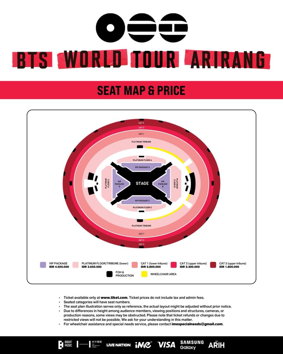 Denah BTS ARIRANG Jakarta dan kategori tiket